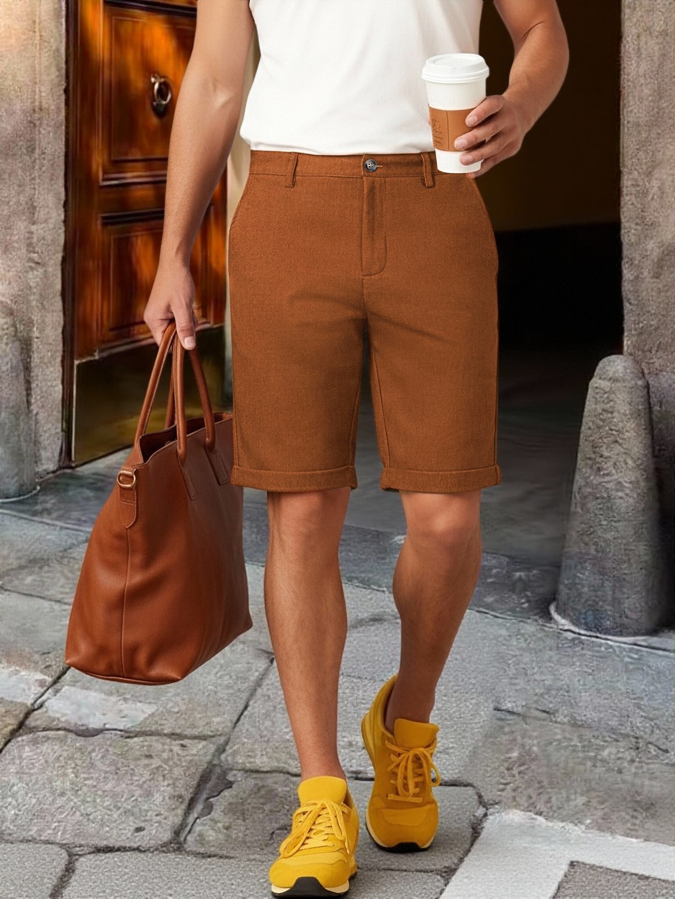 Men Cuffed Hem Knee Length Chi - Shorts Chino Slim ulasan dan harga