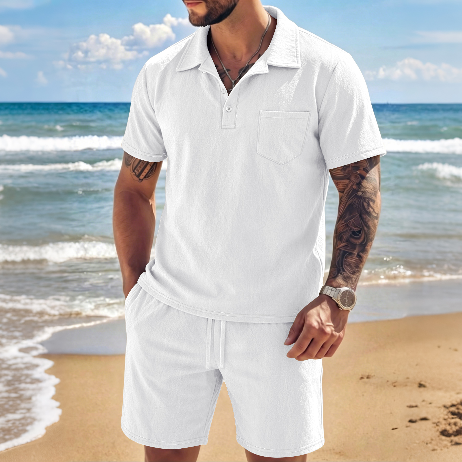 Men's Textured Linen Polo Shor - Short Linen Drawstring ulasan dan harga