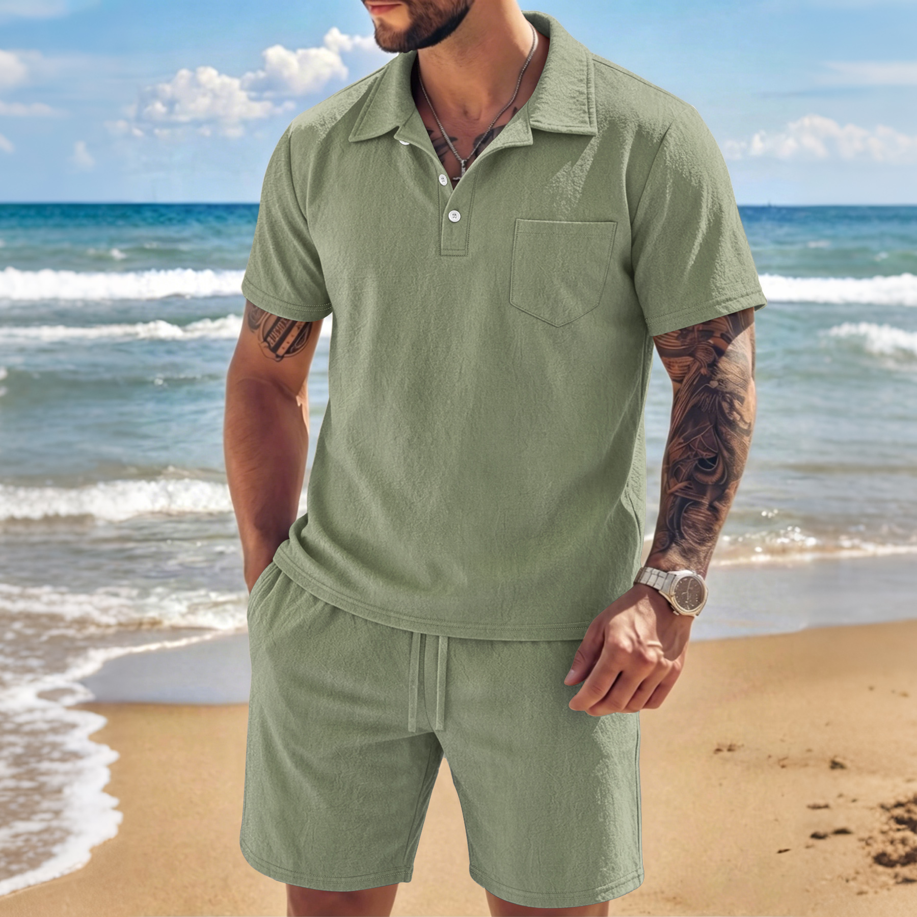 Men's Textured Linen Polo Shor - Short Linen Drawstring ulasan dan harga