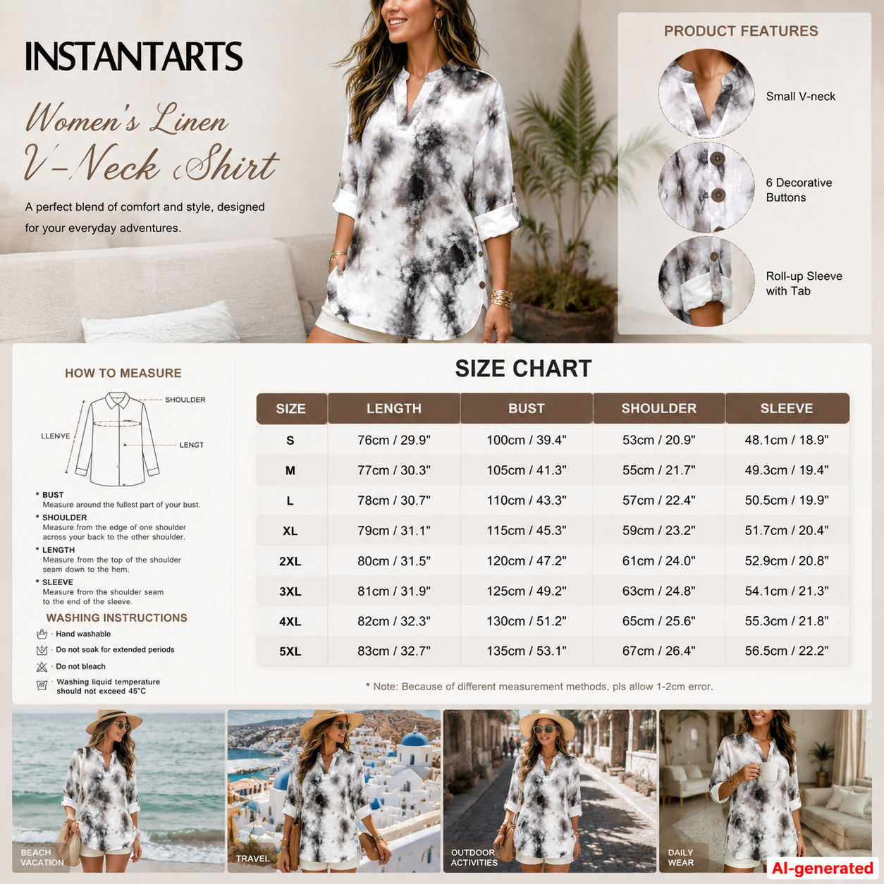 INSTANTARTS Women'S Linen V-Ne - Linen Shirt Breathable ulasan dan harga