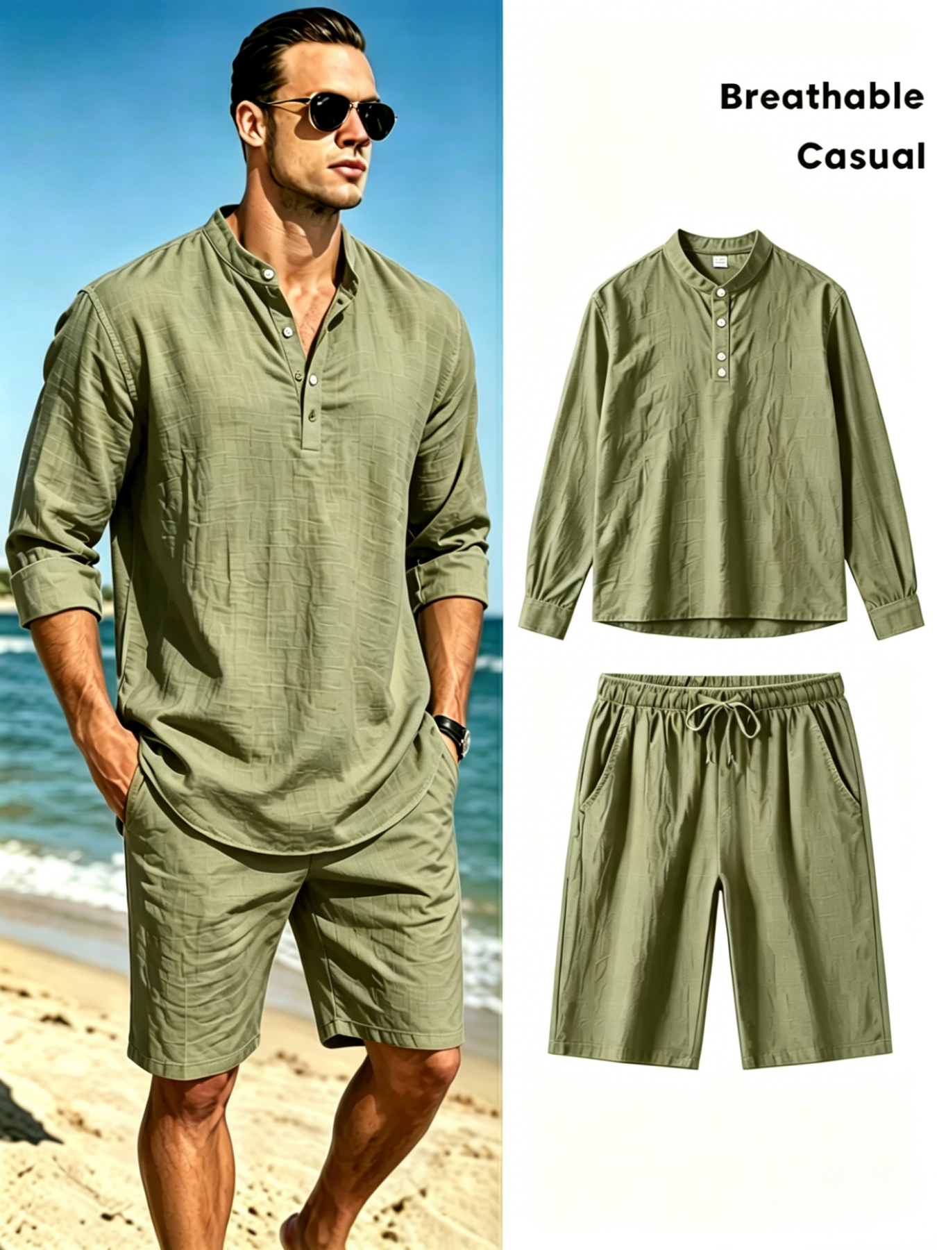 Men's Cotton Linen Henley Shir - Linen Shirt Breathable ulasan dan harga
