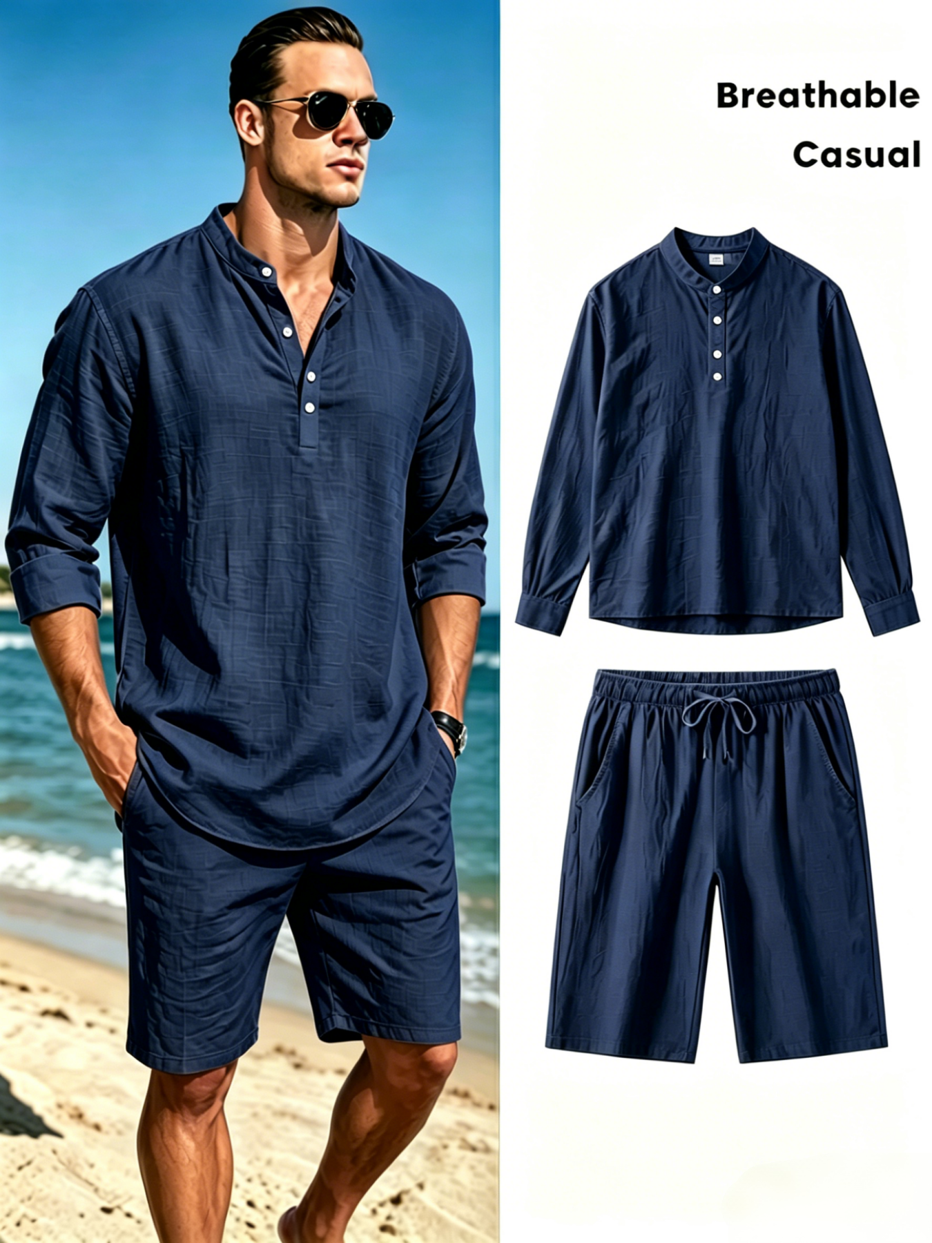 Men's Cotton Linen Henley Shir - Linen Shirt Breathable ulasan dan harga