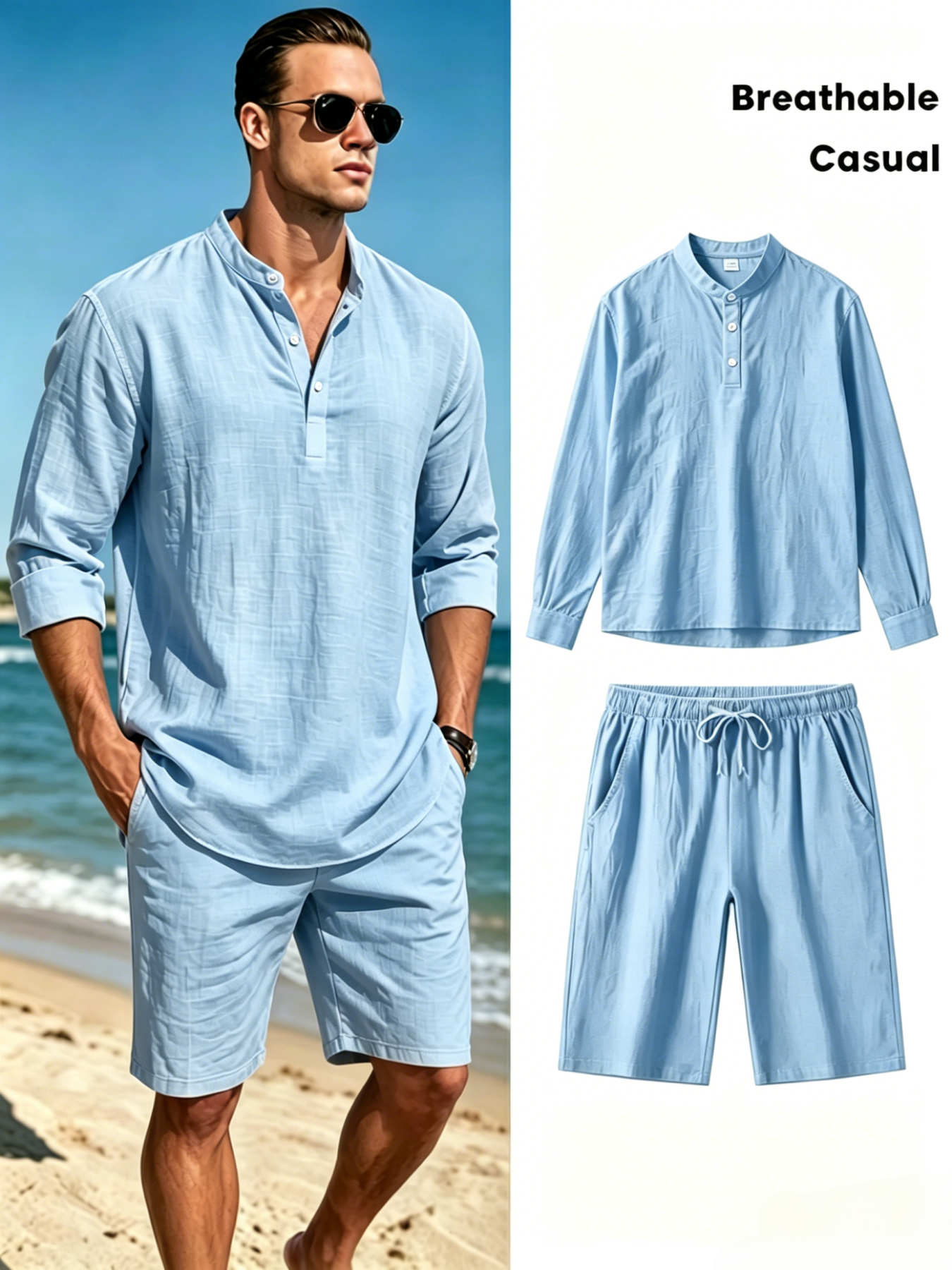 Men's Cotton Linen Henley Shir - Linen Shirt Breathable ulasan dan harga