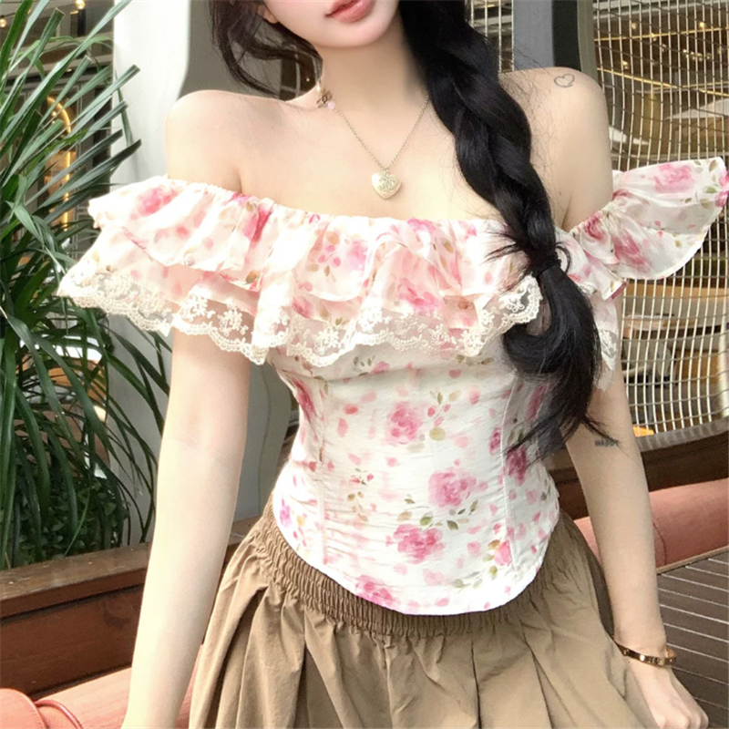 Slash Neck Ruffles Lace Patchw - Resort Shirt Floral ulasan dan harga