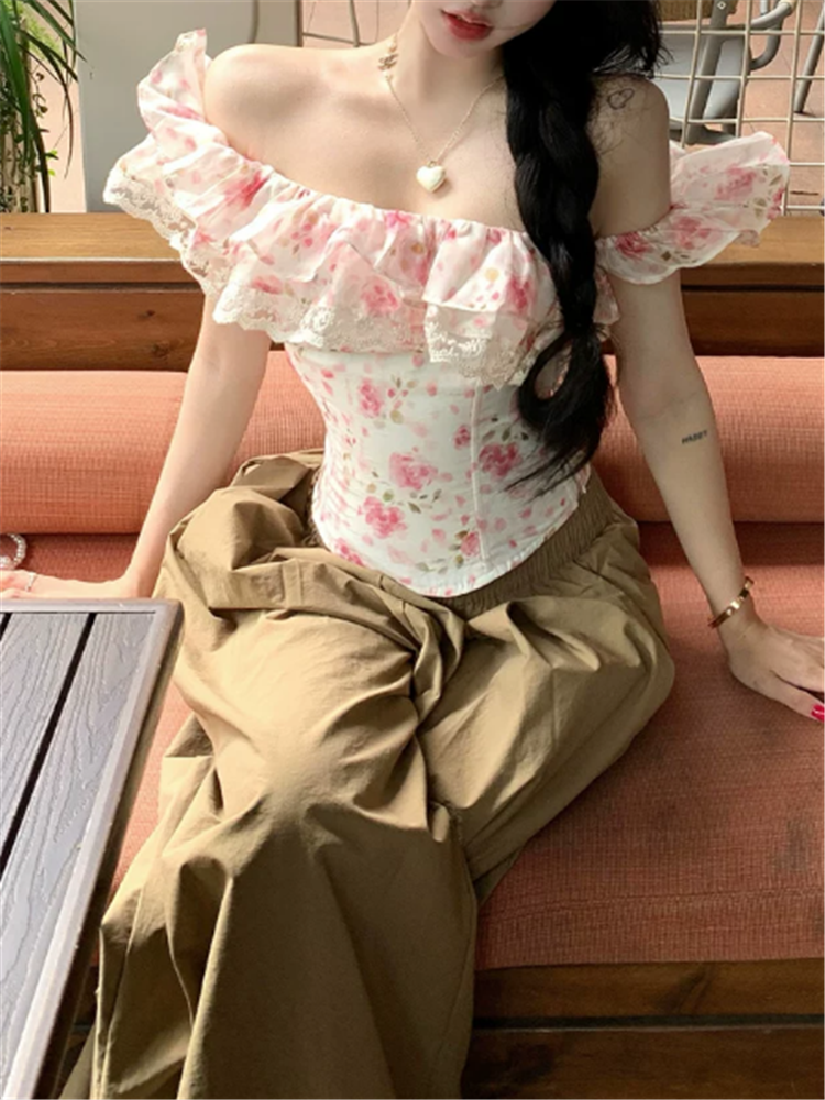 Slash Neck Ruffles Lace Patchw - Resort Shirt Floral ulasan dan harga