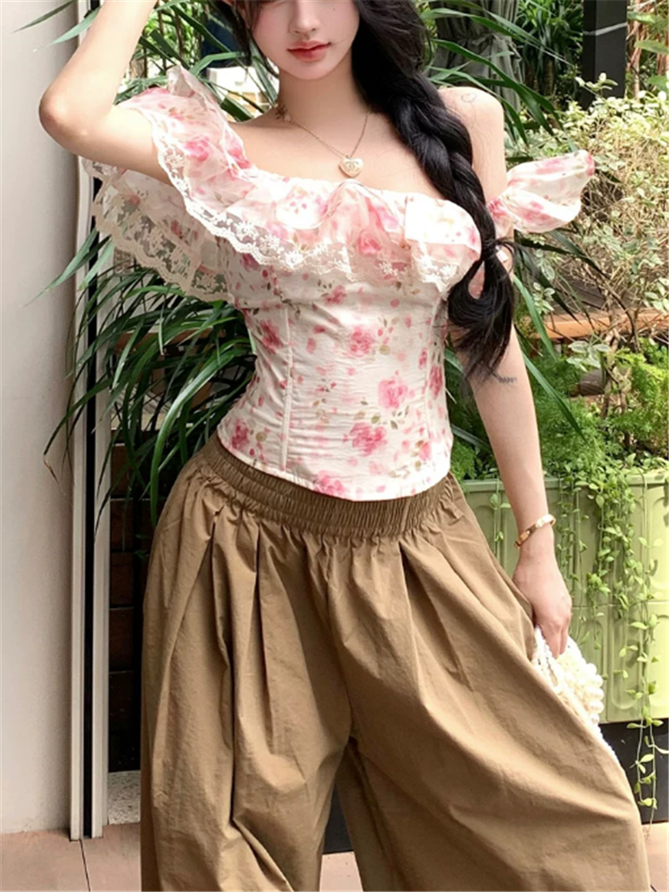 Slash Neck Ruffles Lace Patchw - Resort Shirt Floral ulasan dan harga